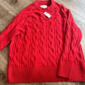 Aerie Red  crewneck sweater  oversized  relaxed  Small cable knit  plush feel